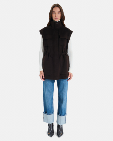 Malorie Coat Chocolate wool coat with removable sleeves ZAPA