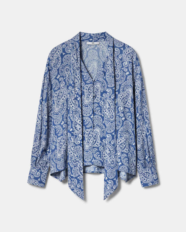 Cheryn shirt Flowing paisley-print tie-neck shirt in blue and beige ZAPA
