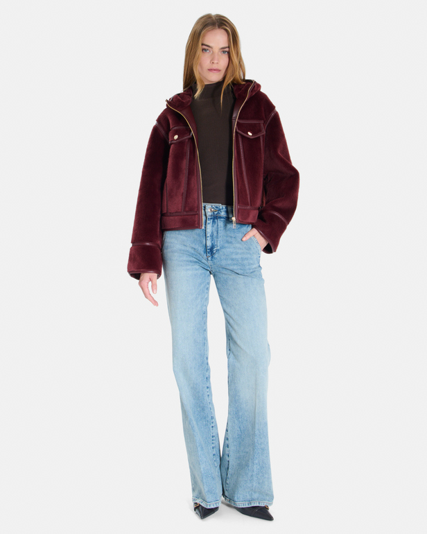 Moira Coat Short burgundy boxy-cut coat with a stand-up collar ZAPA