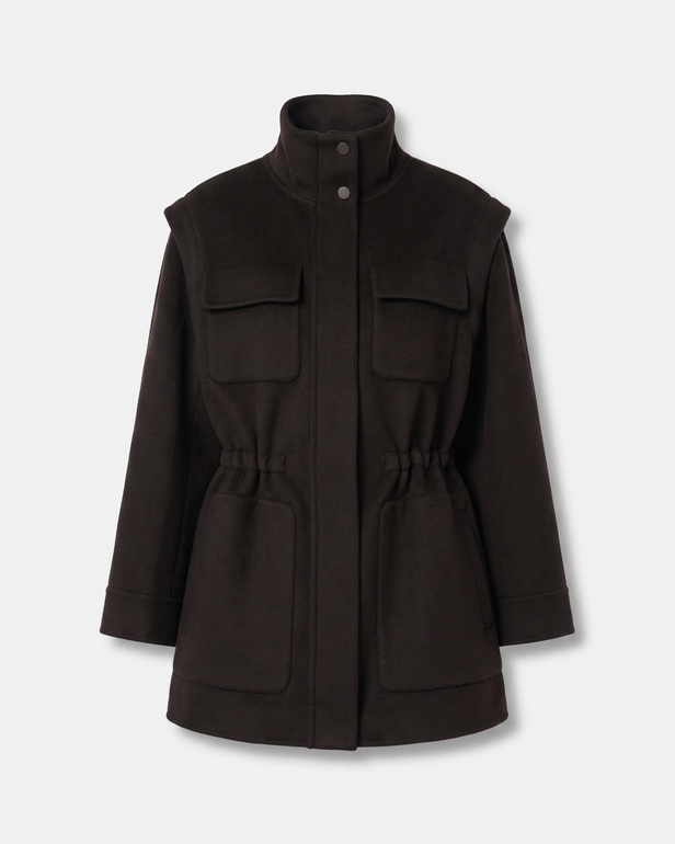 Malorie Coat Chocolate wool coat with removable sleeves ZAPA