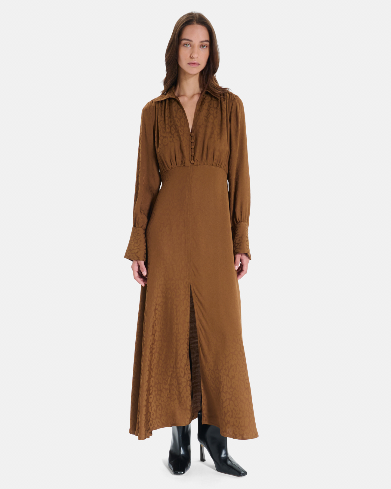 Ruiz Dress Tobacco midi dress with long sleeves and a V-neck ZAPA