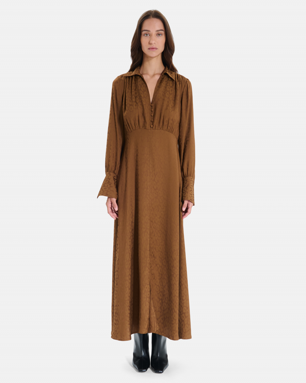 Ruiz Dress Tobacco midi dress with long sleeves and a V-neck ZAPA