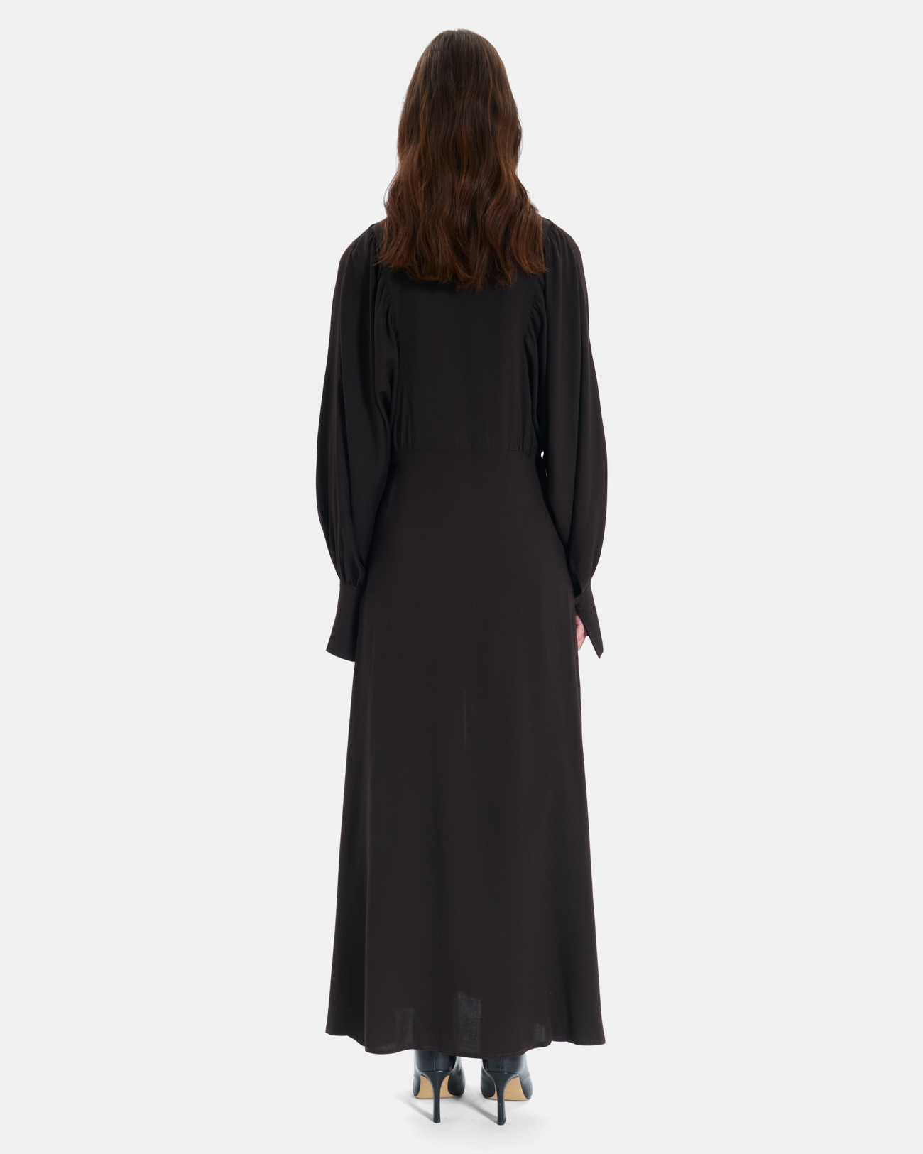 Rikka dress Long chocolate button-down dress with balloon sleeves ZAPA