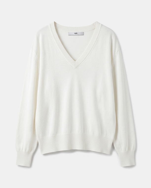 Pelu Sweater Cream V-neck sweater in fine knit ZAPA