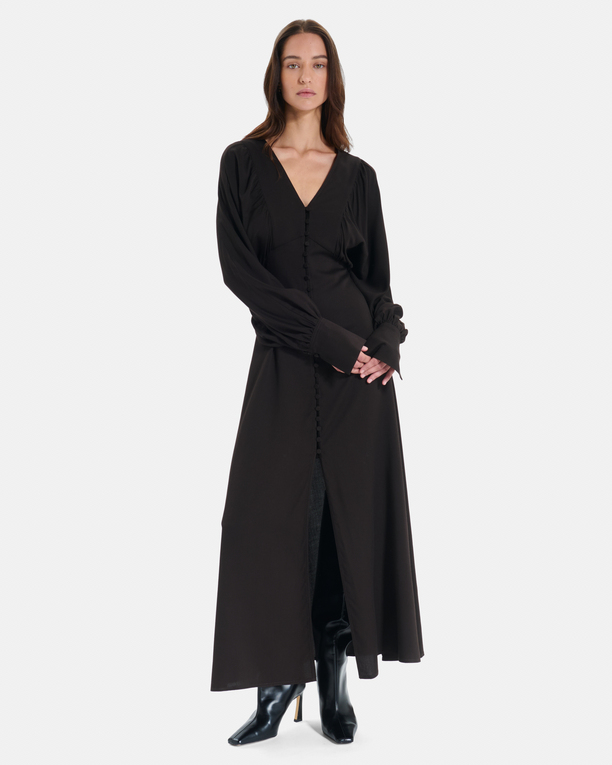 Rikka dress Long chocolate button-down dress with balloon sleeves ZAPA