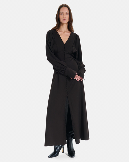 Rikka dress long chocolate button-down dress with balloon sleeves zapa