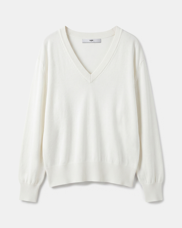 Pelu Sweater Cream V-neck sweater in fine knit ZAPA