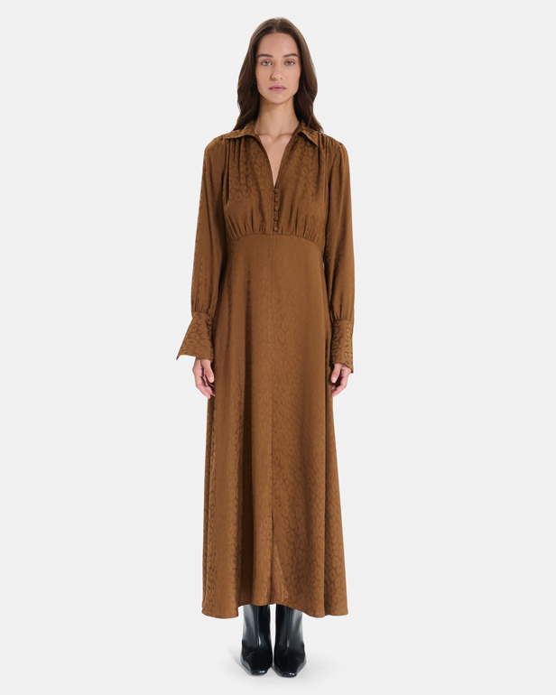Ruiz Dress Tobacco midi dress with long sleeves and a V-neck ZAPA