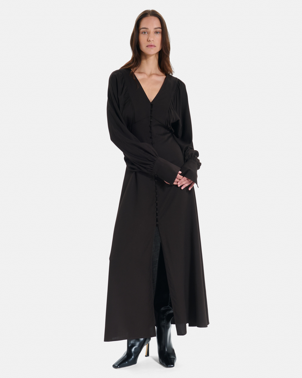 Rikka dress Long chocolate button-down dress with balloon sleeves ZAPA