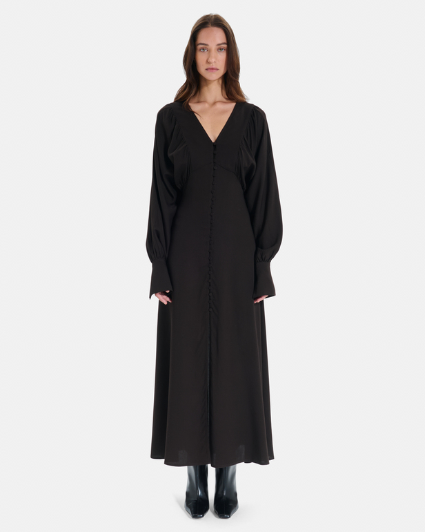 Rikka dress Long chocolate button-down dress with balloon sleeves ZAPA