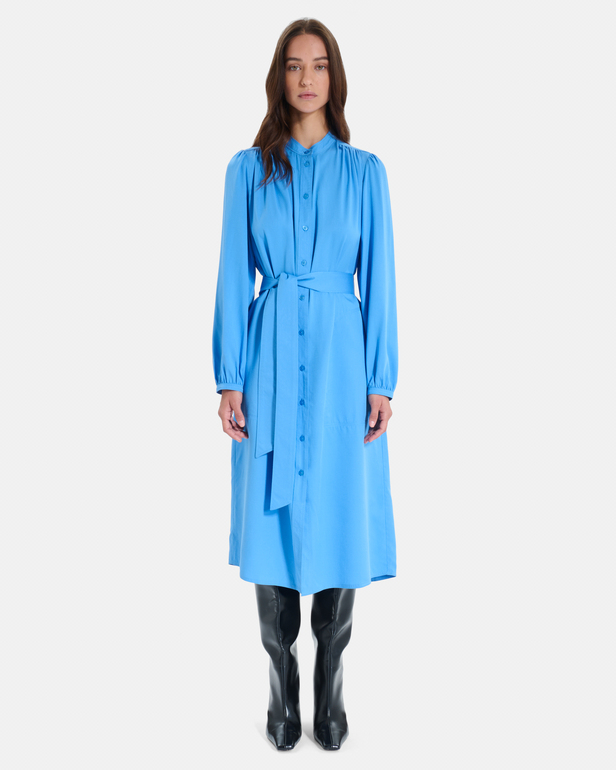 Ralma Dress Blue midi shirt dress with puff sleeves ZAPA